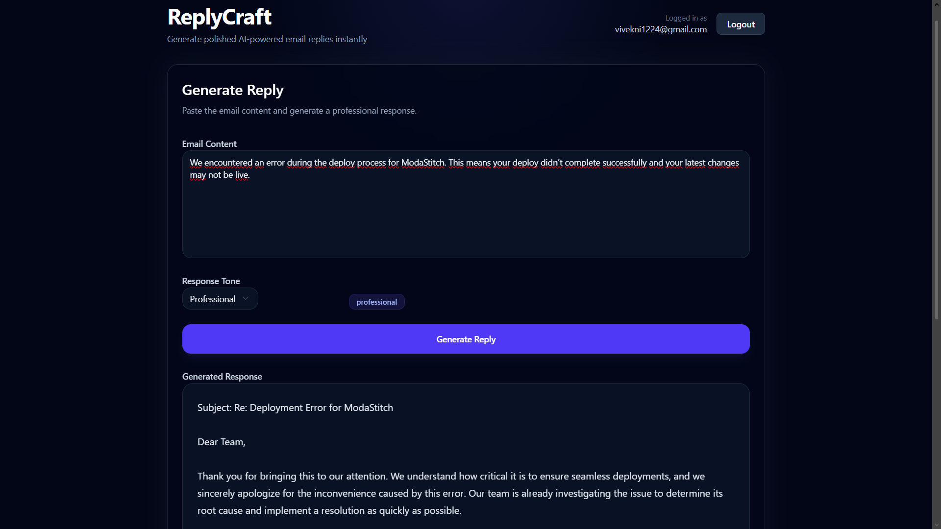 Email ReplyCraft secondary interface